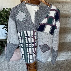 Vintage Distinctions Gray Silk Wool & Rabbit Hair Patchwork Cardigan Sweater